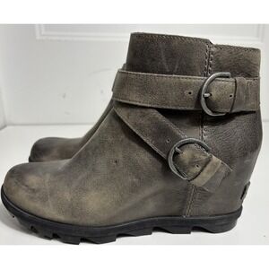 Sorel Joan of Artic Leather Wedge II Buckle Boots Womens Size 10 Grey Waterproof
